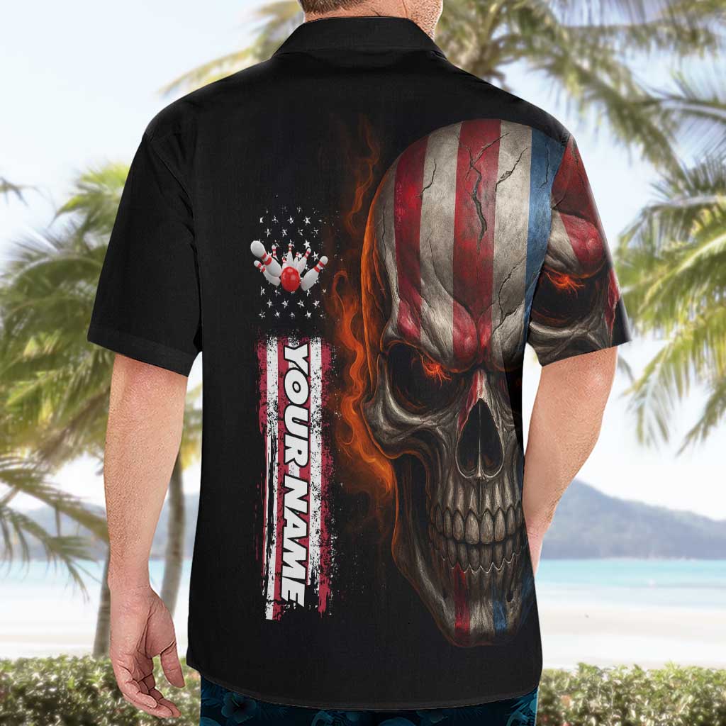 Custom American Flag Skull Hawaiian Shirt with Bowling Pins Flame Effect and Grunge Pattern - Wonder Print Shop