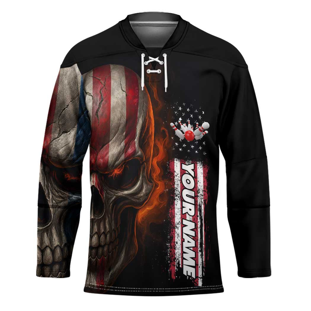 Custom American Flag Skull Hockey Jersey with Bowling Pins Flame Effect and Grunge Pattern - Wonder Print Shop