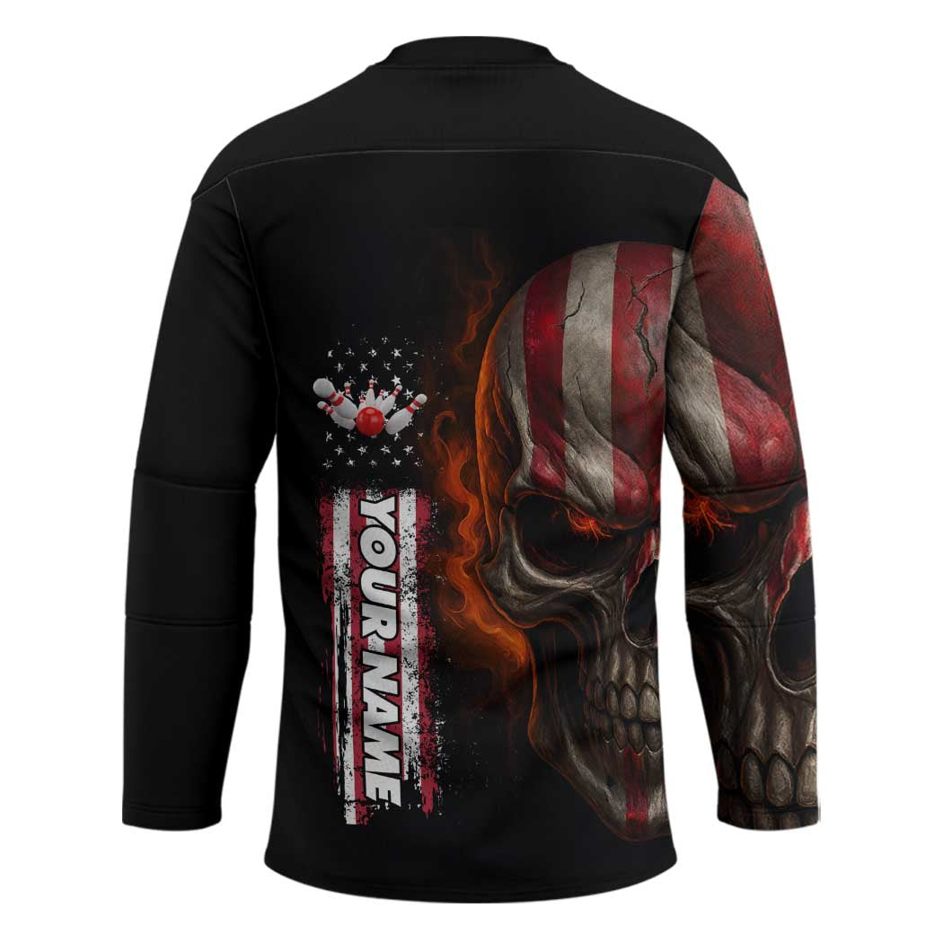 Custom American Flag Skull Hockey Jersey with Bowling Pins Flame Effect and Grunge Pattern - Wonder Print Shop