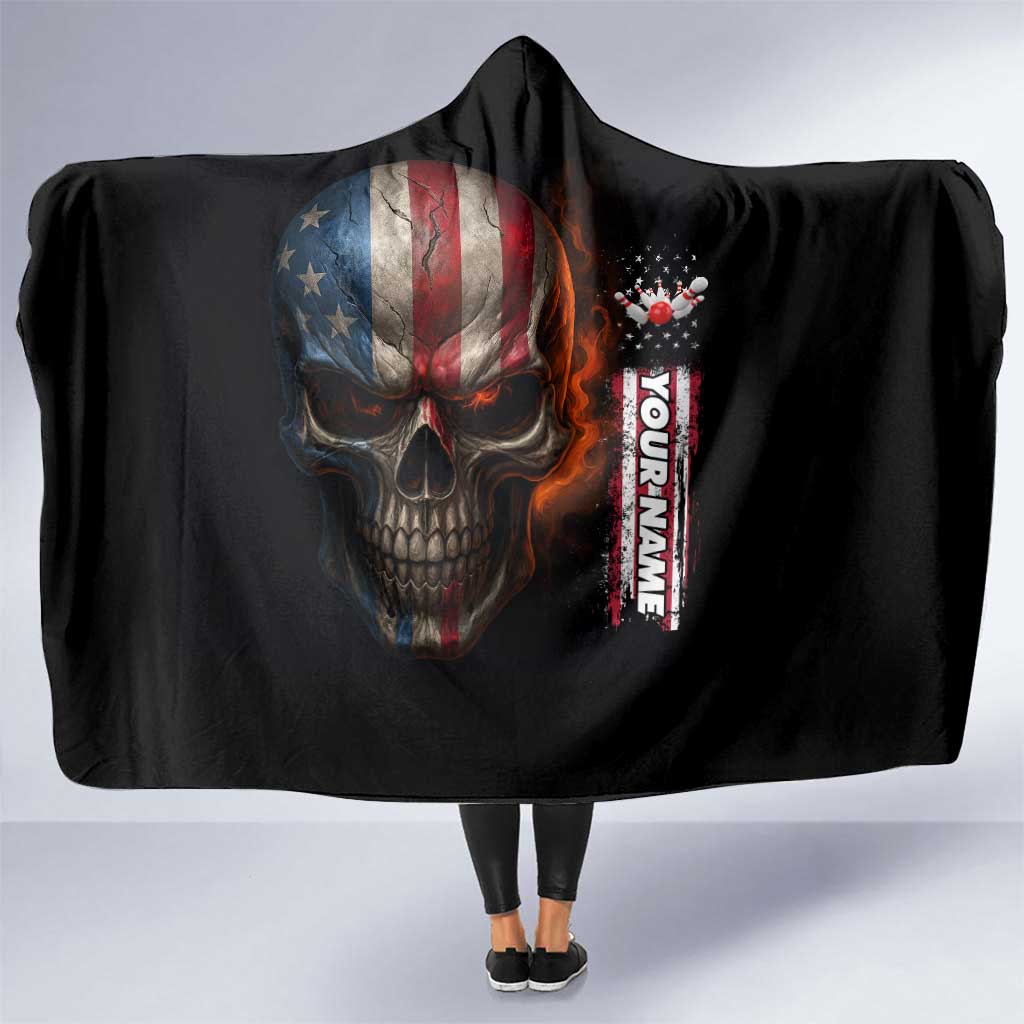 Custom American Flag Skull Hooded Blanket with Bowling Pins Flame Effect and Grunge Pattern - Wonder Print Shop