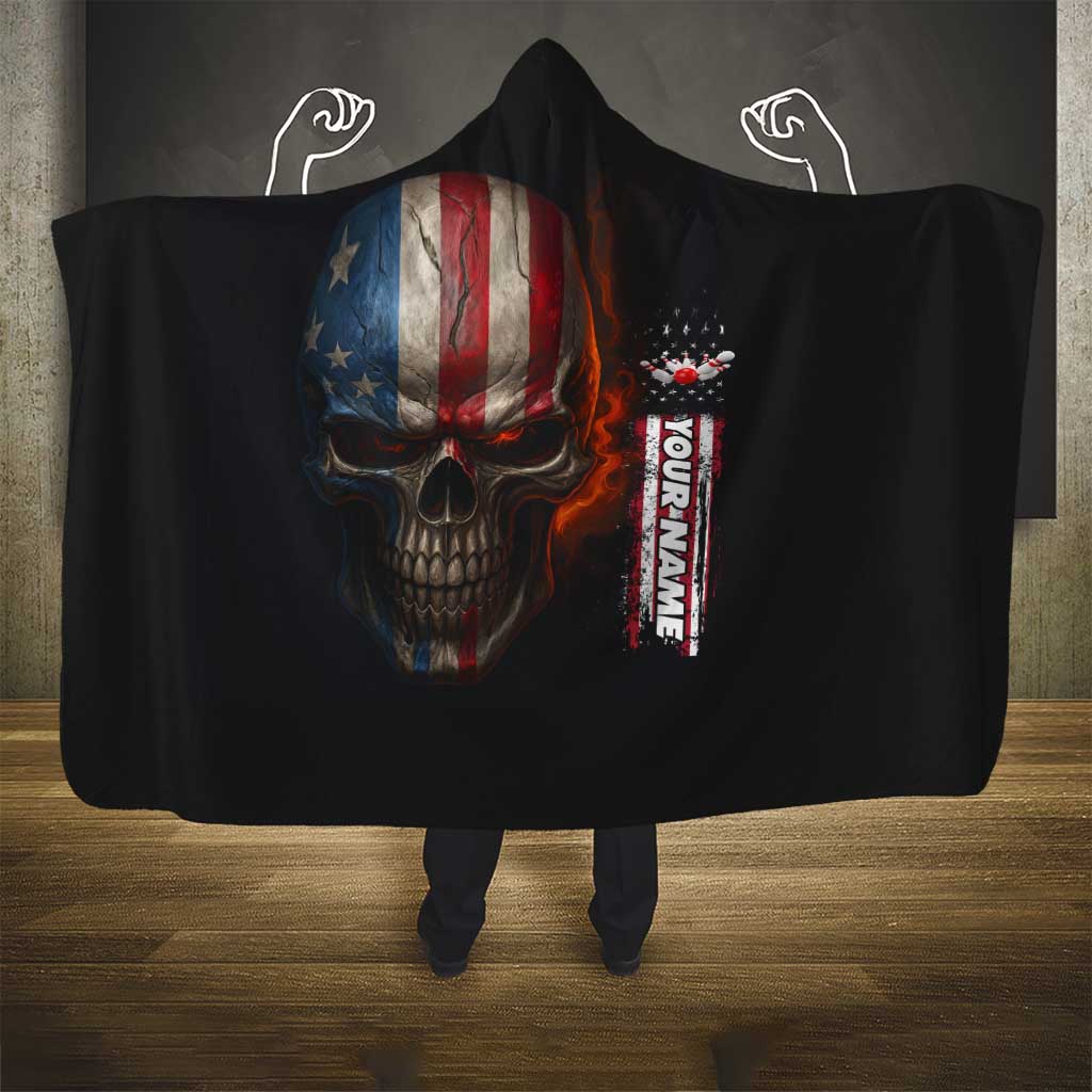 Custom American Flag Skull Hooded Blanket with Bowling Pins Flame Effect and Grunge Pattern - Wonder Print Shop