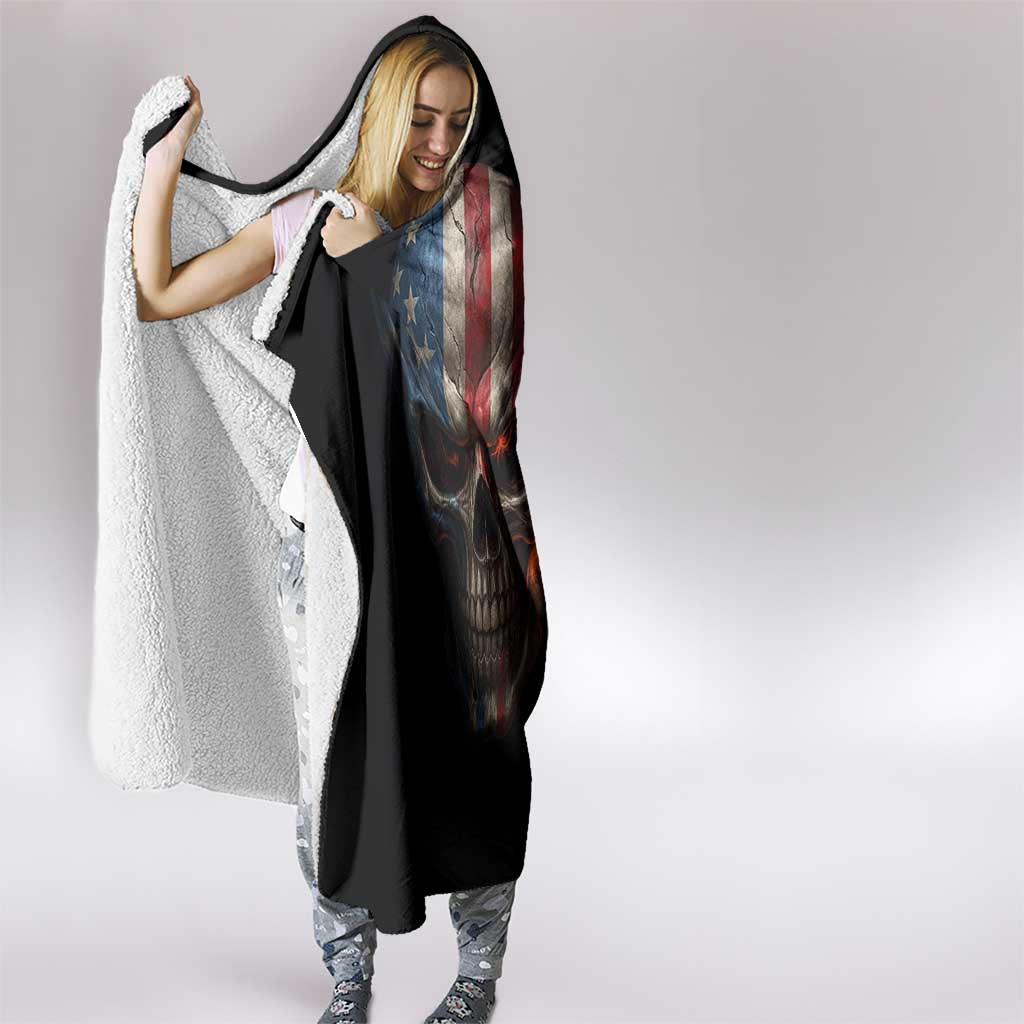 Custom American Flag Skull Hooded Blanket with Bowling Pins Flame Effect and Grunge Pattern - Wonder Print Shop
