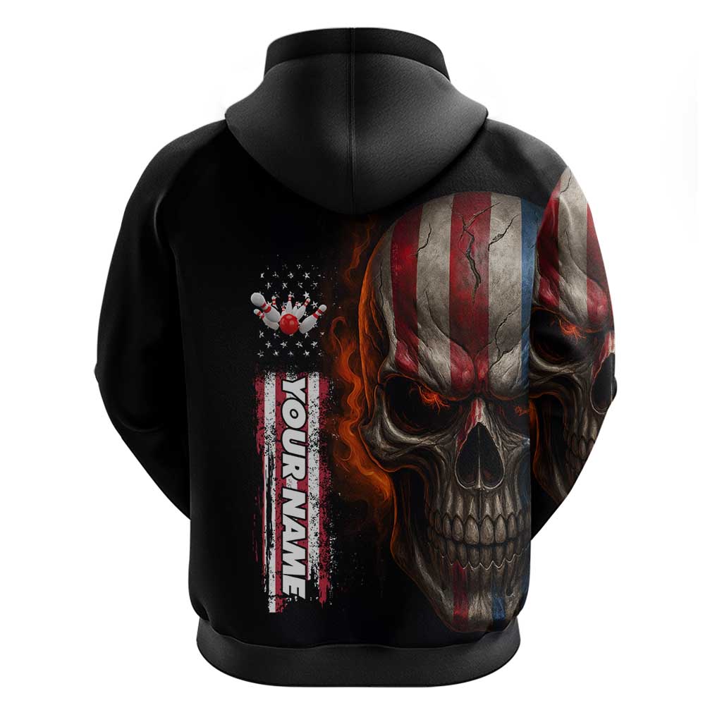 Custom American Flag Skull Hoodie with Bowling Pins Flame Effect and Grunge Pattern - Wonder Print Shop
