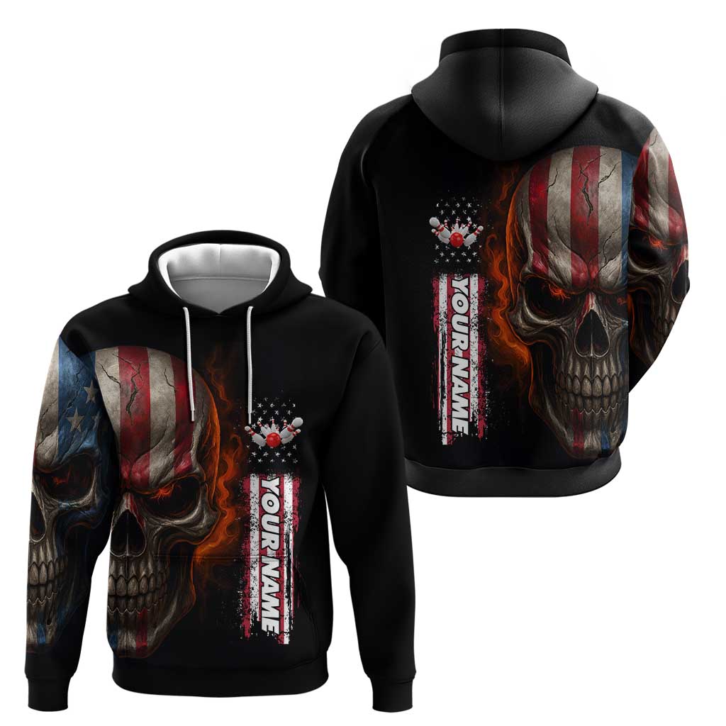 Custom American Flag Skull Hoodie with Bowling Pins Flame Effect and Grunge Pattern - Wonder Print Shop