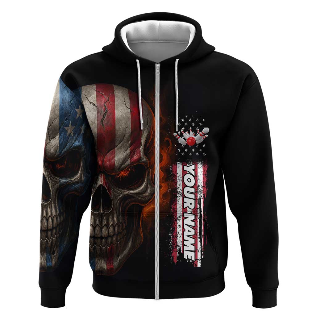 Custom American Flag Skull Hoodie with Bowling Pins Flame Effect and Grunge Pattern - Wonder Print Shop