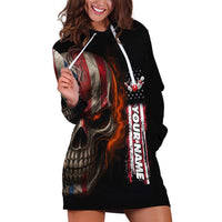 Custom American Flag Skull Hoodie Dress with Bowling Pins Flame Effect and Grunge Pattern - Wonder Print Shop