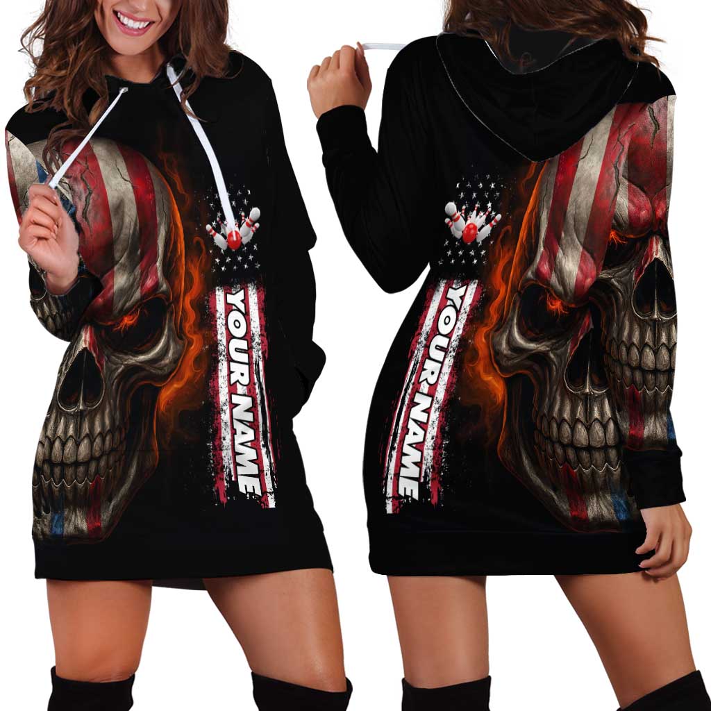 Custom American Flag Skull Hoodie Dress with Bowling Pins Flame Effect and Grunge Pattern - Wonder Print Shop