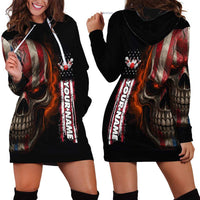 Custom American Flag Skull Hoodie Dress with Bowling Pins Flame Effect and Grunge Pattern - Wonder Print Shop