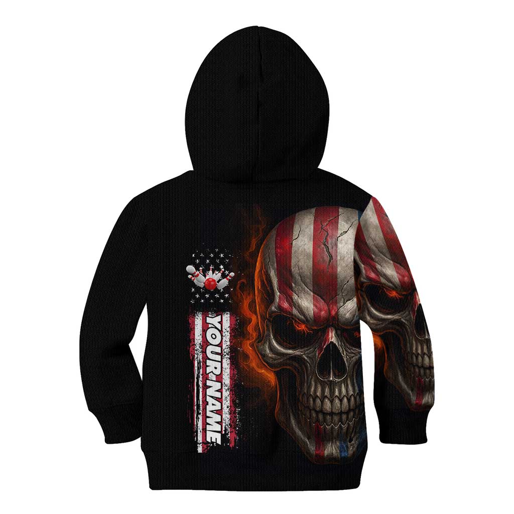 Custom American Flag Skull Kid Hoodie with Bowling Pins Flame Effect and Grunge Pattern - Wonder Print Shop