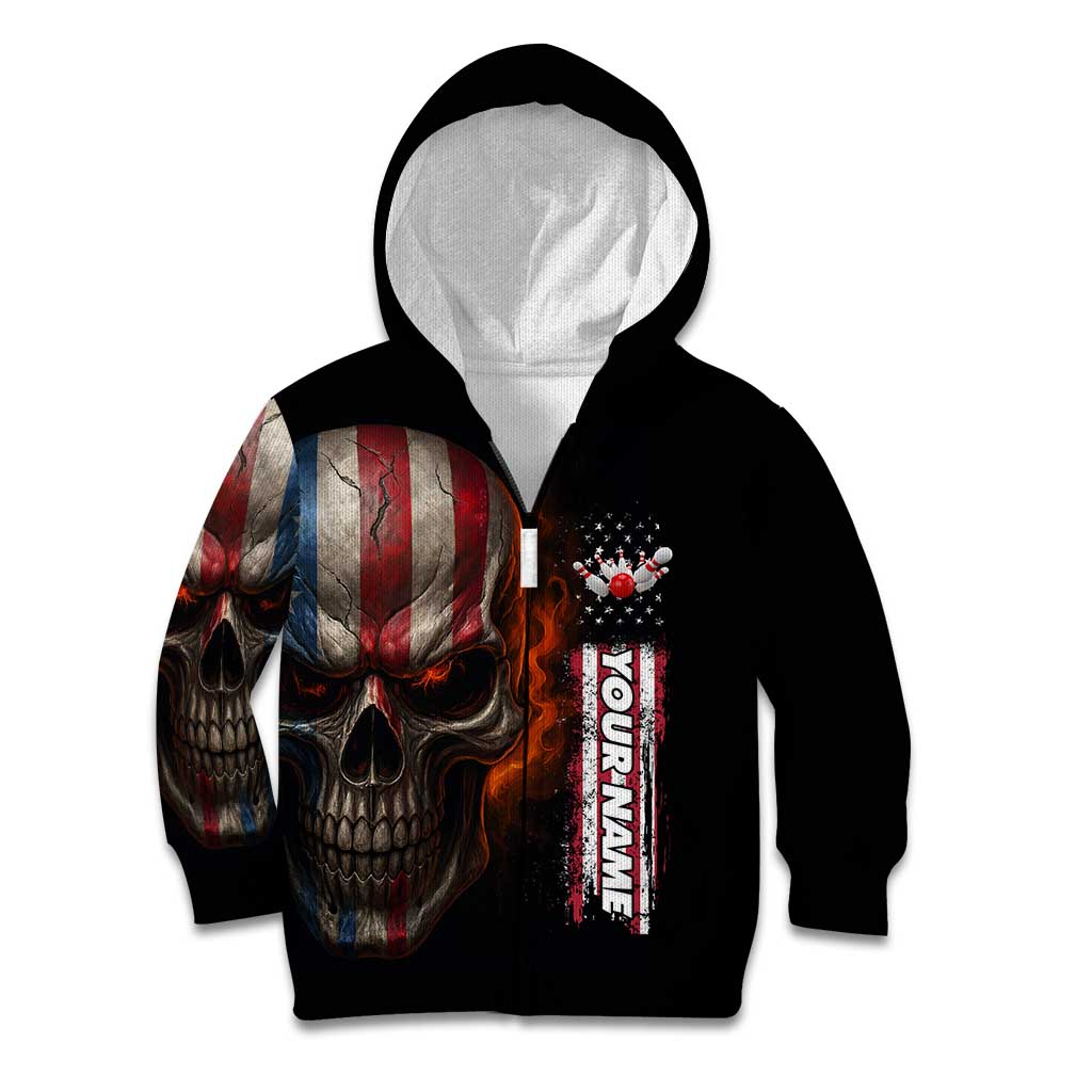 Custom American Flag Skull Kid Hoodie with Bowling Pins Flame Effect and Grunge Pattern - Wonder Print Shop