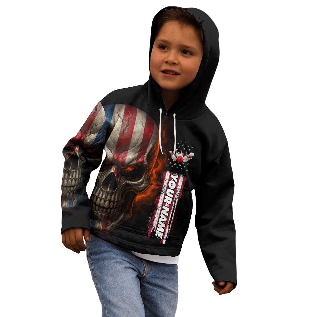 Custom American Flag Skull Kid Hoodie with Bowling Pins Flame Effect and Grunge Pattern - Wonder Print Shop