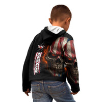 Custom American Flag Skull Kid Hoodie with Bowling Pins Flame Effect and Grunge Pattern - Wonder Print Shop