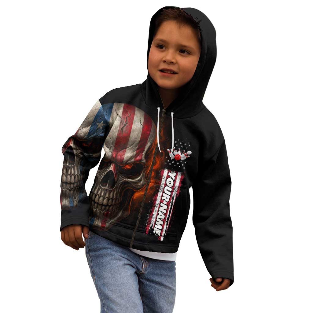 Custom American Flag Skull Kid Hoodie with Bowling Pins Flame Effect and Grunge Pattern - Wonder Print Shop
