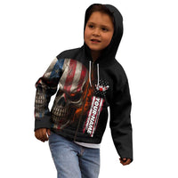 Custom American Flag Skull Kid Hoodie with Bowling Pins Flame Effect and Grunge Pattern - Wonder Print Shop