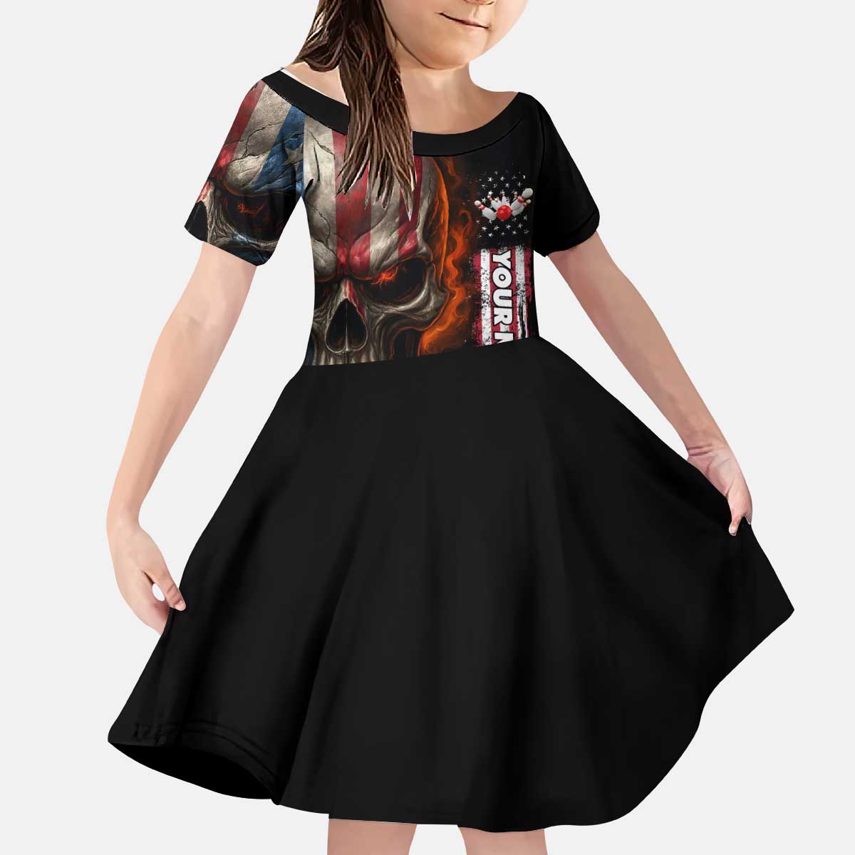 Custom American Flag Skull Kid Short Sleeve Dress with Bowling Pins Flame Effect and Grunge Pattern - Wonder Print Shop