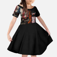 Custom American Flag Skull Kid Short Sleeve Dress with Bowling Pins Flame Effect and Grunge Pattern - Wonder Print Shop