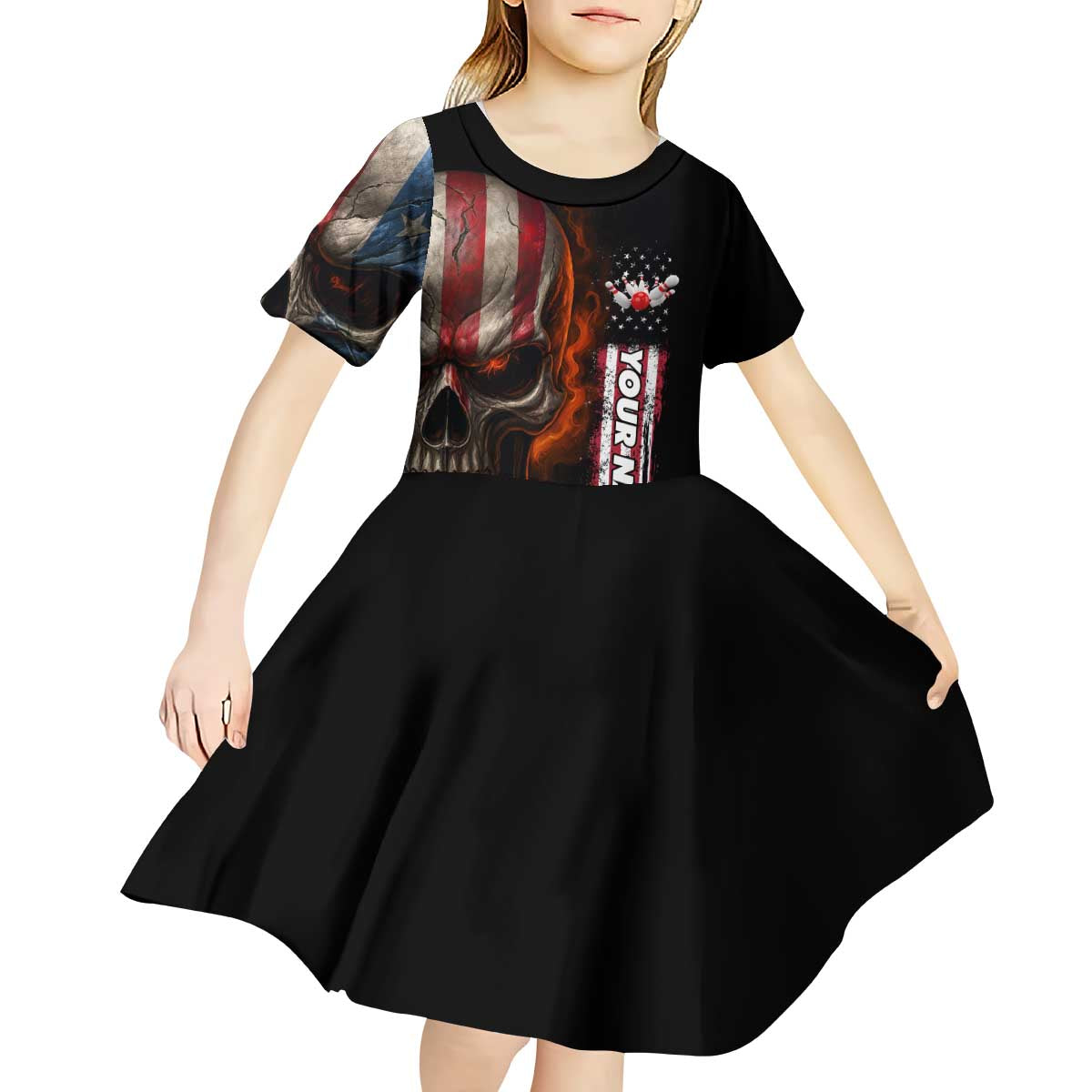Custom American Flag Skull Kid Short Sleeve Dress with Bowling Pins Flame Effect and Grunge Pattern - Wonder Print Shop