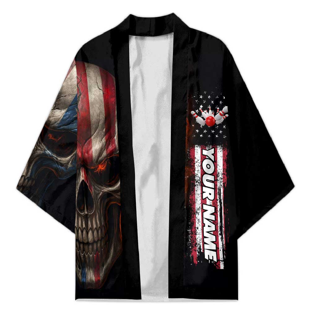 Custom American Flag Skull Kimono with Bowling Pins Flame Effect and Grunge Pattern - Wonder Print Shop