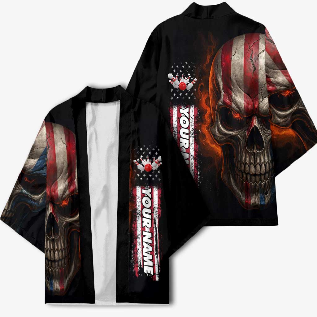 Custom American Flag Skull Kimono with Bowling Pins Flame Effect and Grunge Pattern - Wonder Print Shop