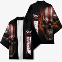 Custom American Flag Skull Kimono with Bowling Pins Flame Effect and Grunge Pattern - Wonder Print Shop