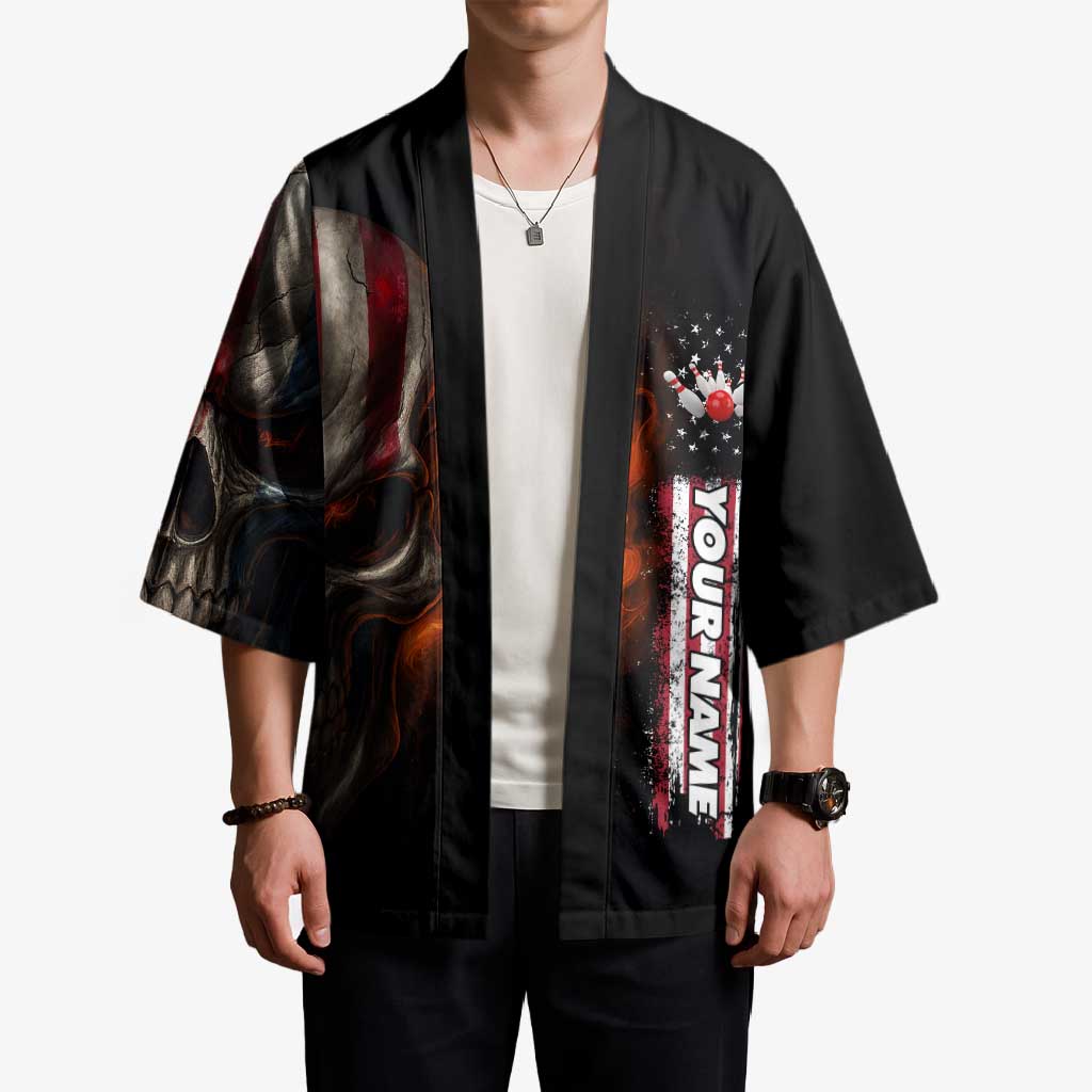 Custom American Flag Skull Kimono with Bowling Pins Flame Effect and Grunge Pattern - Wonder Print Shop