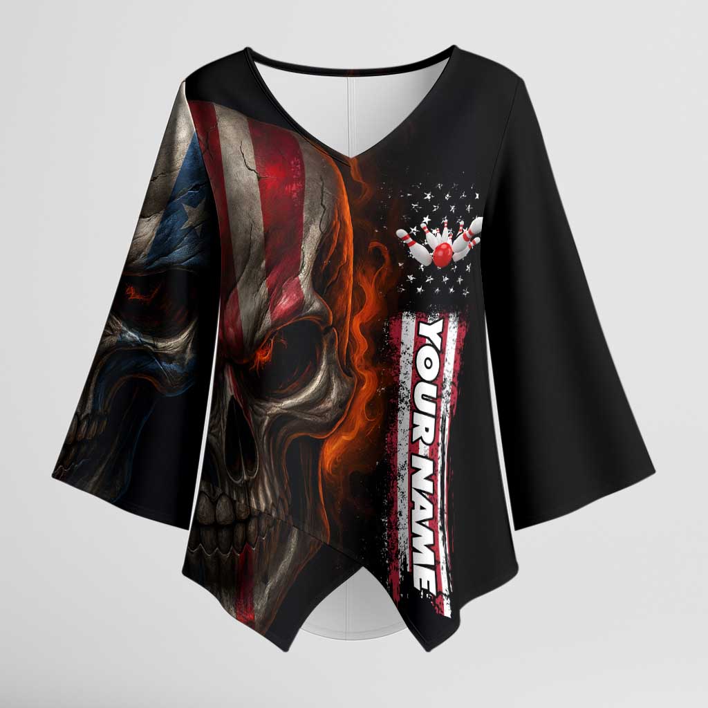 Custom American Flag Skull Kimono Sleeve Blouse with Bowling Pins Flame Effect and Grunge Pattern - Wonder Print Shop