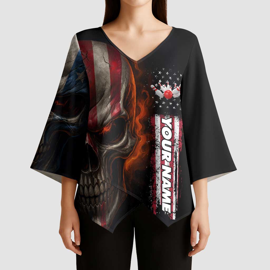 Custom American Flag Skull Kimono Sleeve Blouse with Bowling Pins Flame Effect and Grunge Pattern - Wonder Print Shop