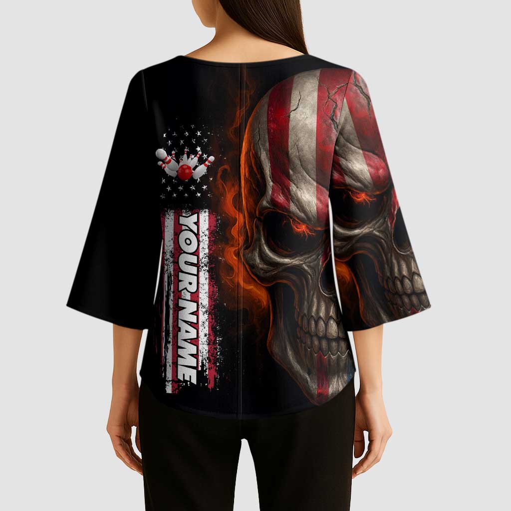 Custom American Flag Skull Kimono Sleeve Blouse with Bowling Pins Flame Effect and Grunge Pattern - Wonder Print Shop
