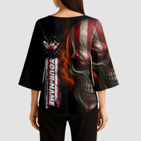 Custom American Flag Skull Kimono Sleeve Blouse with Bowling Pins Flame Effect and Grunge Pattern - Wonder Print Shop