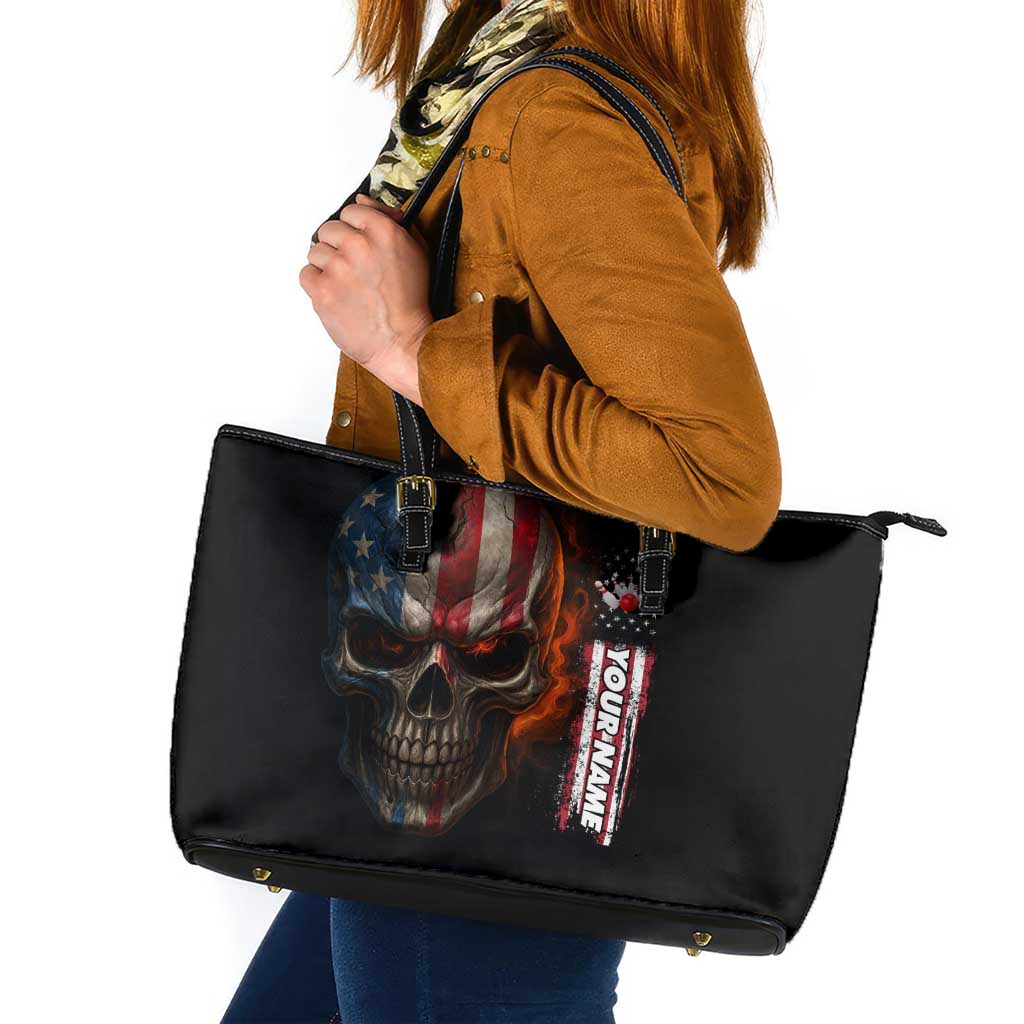 Custom American Flag Skull Leather Tote Bag with Bowling Pins Flame Effect and Grunge Pattern - Wonder Print Shop
