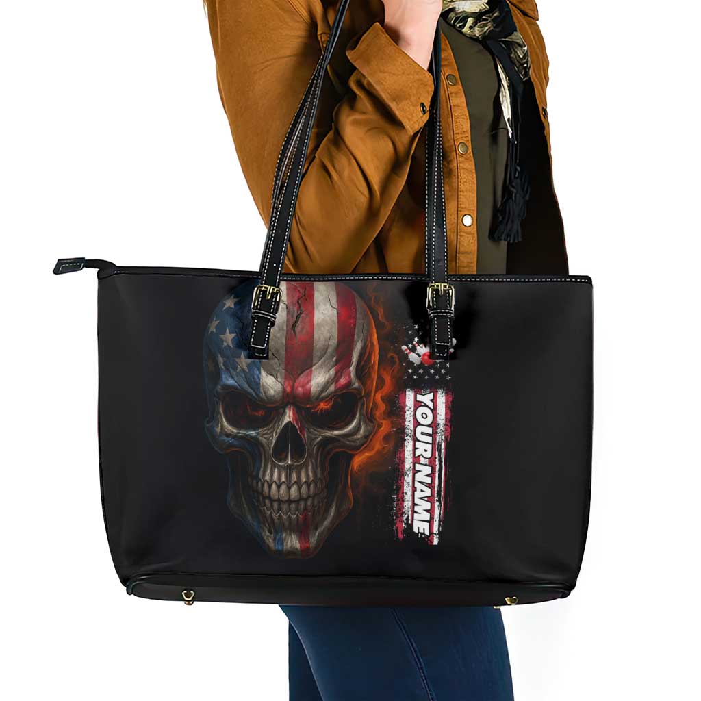 Custom American Flag Skull Leather Tote Bag with Bowling Pins Flame Effect and Grunge Pattern - Wonder Print Shop