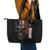 Custom American Flag Skull Leather Tote Bag with Bowling Pins Flame Effect and Grunge Pattern - Wonder Print Shop