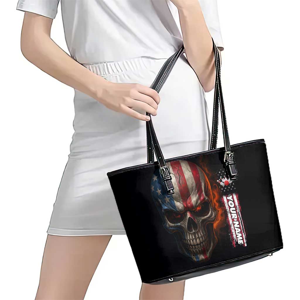Custom American Flag Skull Leather Tote Bag with Bowling Pins Flame Effect and Grunge Pattern - Wonder Print Shop