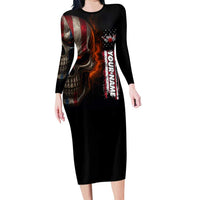 Custom American Flag Skull Long Sleeve Bodycon Dress with Bowling Pins Flame Effect and Grunge Pattern - Wonder Print Shop