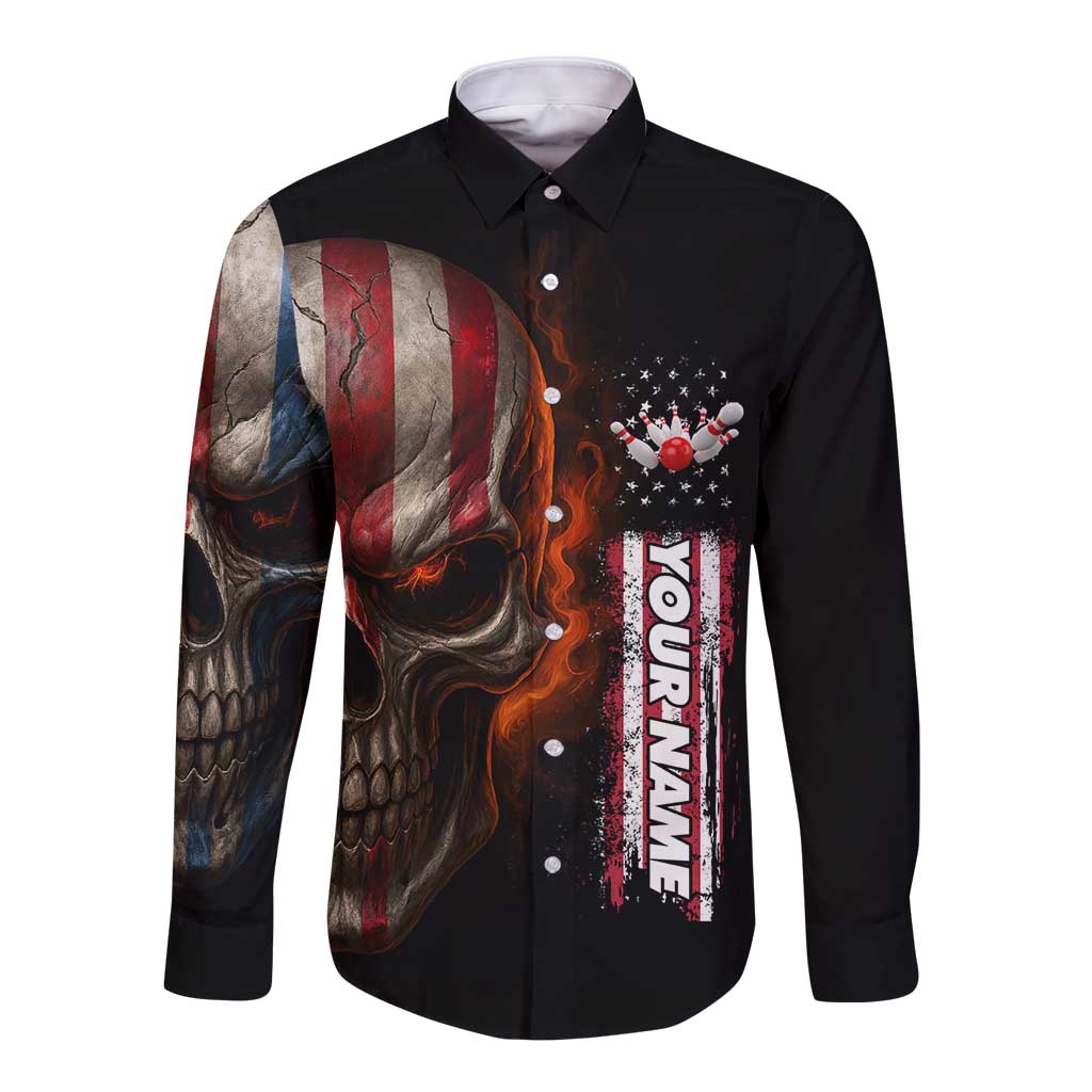 Custom American Flag Skull Long Sleeve Button Shirt with Bowling Pins Flame Effect and Grunge Pattern - Wonder Print Shop