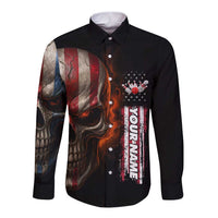 Custom American Flag Skull Long Sleeve Button Shirt with Bowling Pins Flame Effect and Grunge Pattern - Wonder Print Shop