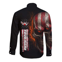Custom American Flag Skull Long Sleeve Button Shirt with Bowling Pins Flame Effect and Grunge Pattern - Wonder Print Shop