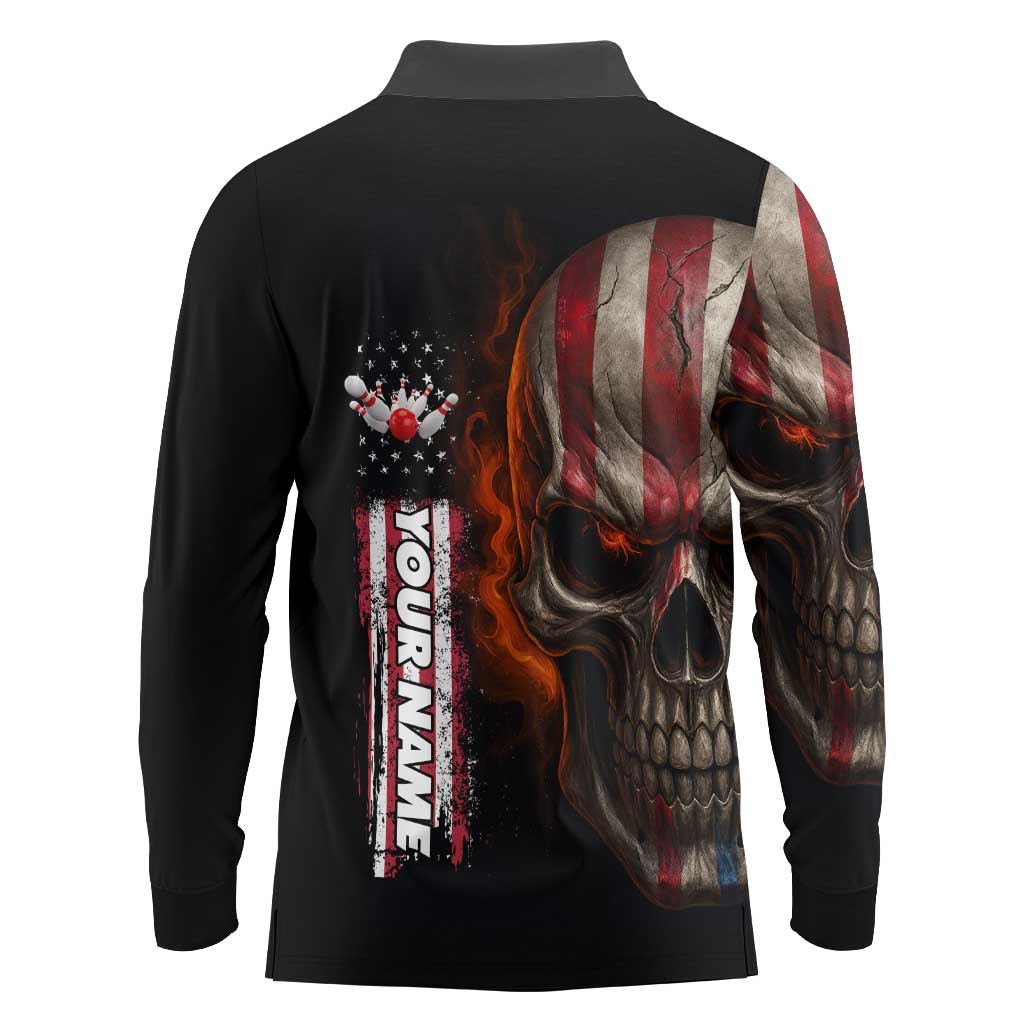 Custom American Flag Skull Long Sleeve Polo Shirt with Bowling Pins Flame Effect and Grunge Pattern - Wonder Print Shop