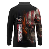 Custom American Flag Skull Long Sleeve Polo Shirt with Bowling Pins Flame Effect and Grunge Pattern - Wonder Print Shop