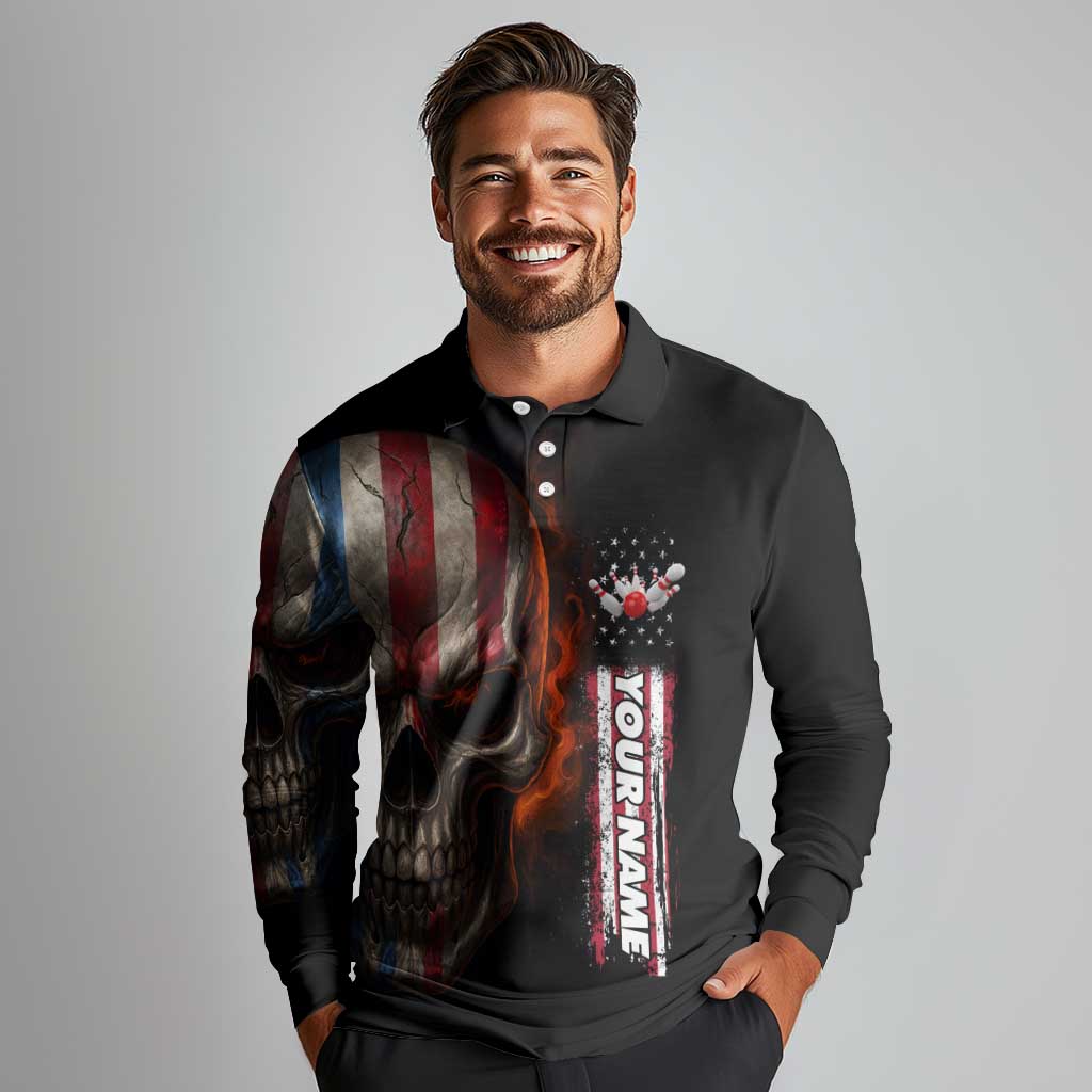 Custom American Flag Skull Long Sleeve Polo Shirt with Bowling Pins Flame Effect and Grunge Pattern - Wonder Print Shop