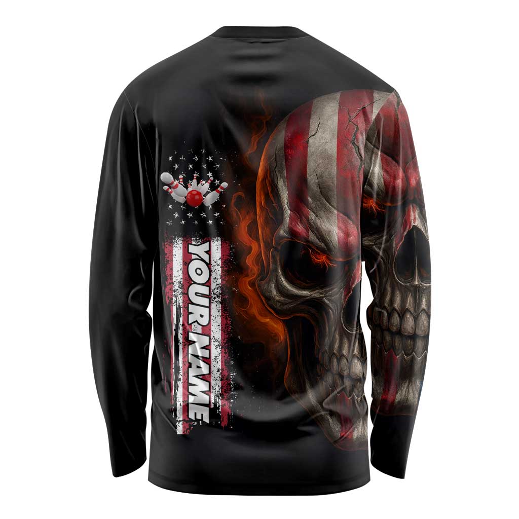 Custom American Flag Skull Long Sleeve Shirt with Bowling Pins Flame Effect and Grunge Pattern - Wonder Print Shop