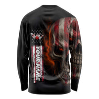 Custom American Flag Skull Long Sleeve Shirt with Bowling Pins Flame Effect and Grunge Pattern - Wonder Print Shop