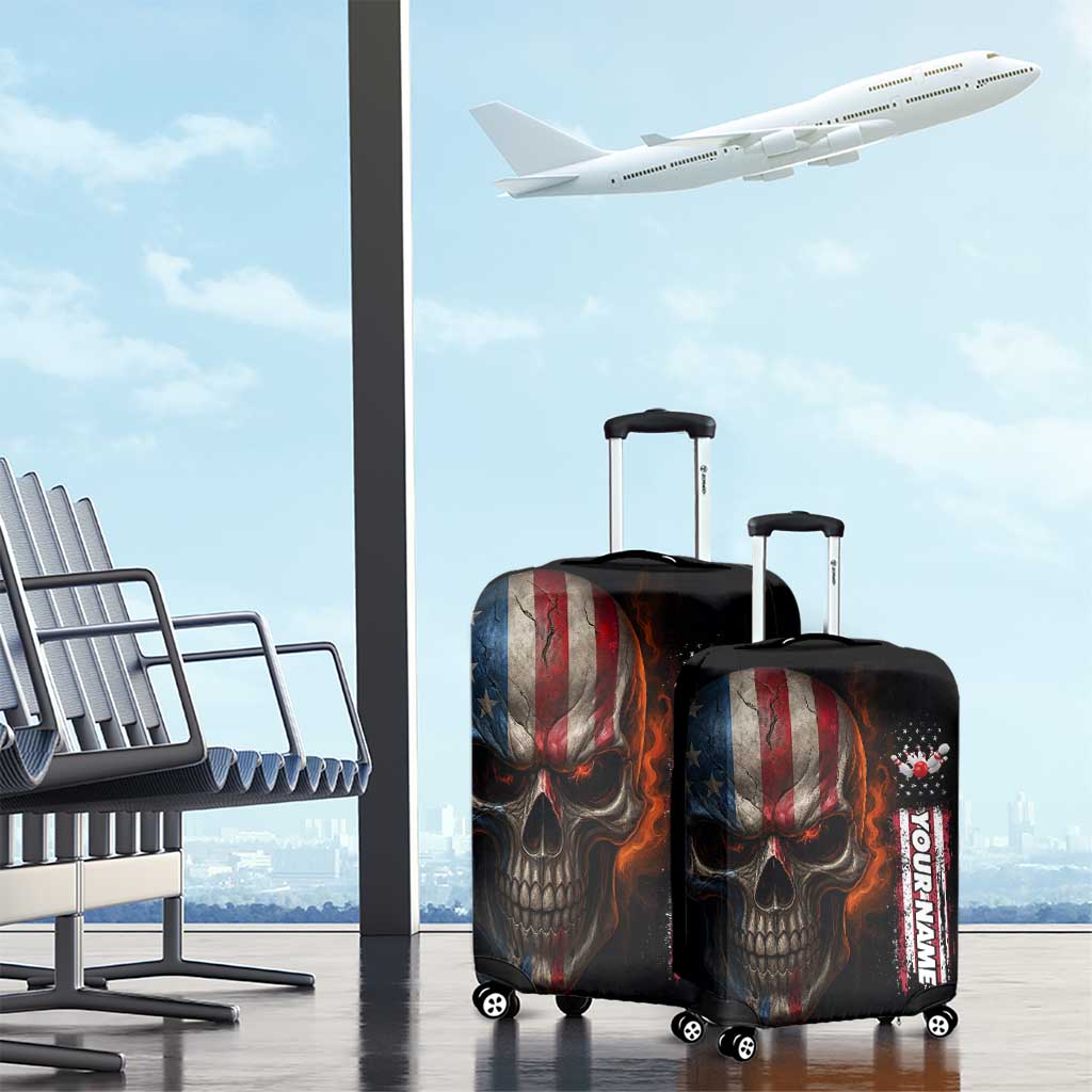 Custom American Flag Skull Luggage Cover with Bowling Pins Flame Effect and Grunge Pattern - Wonder Print Shop