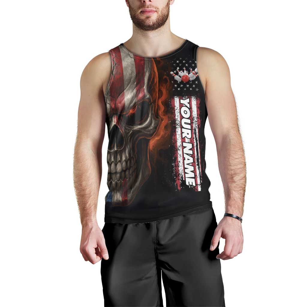 Custom American Flag Skull Men Tank Top with Bowling Pins Flame Effect and Grunge Pattern - Wonder Print Shop