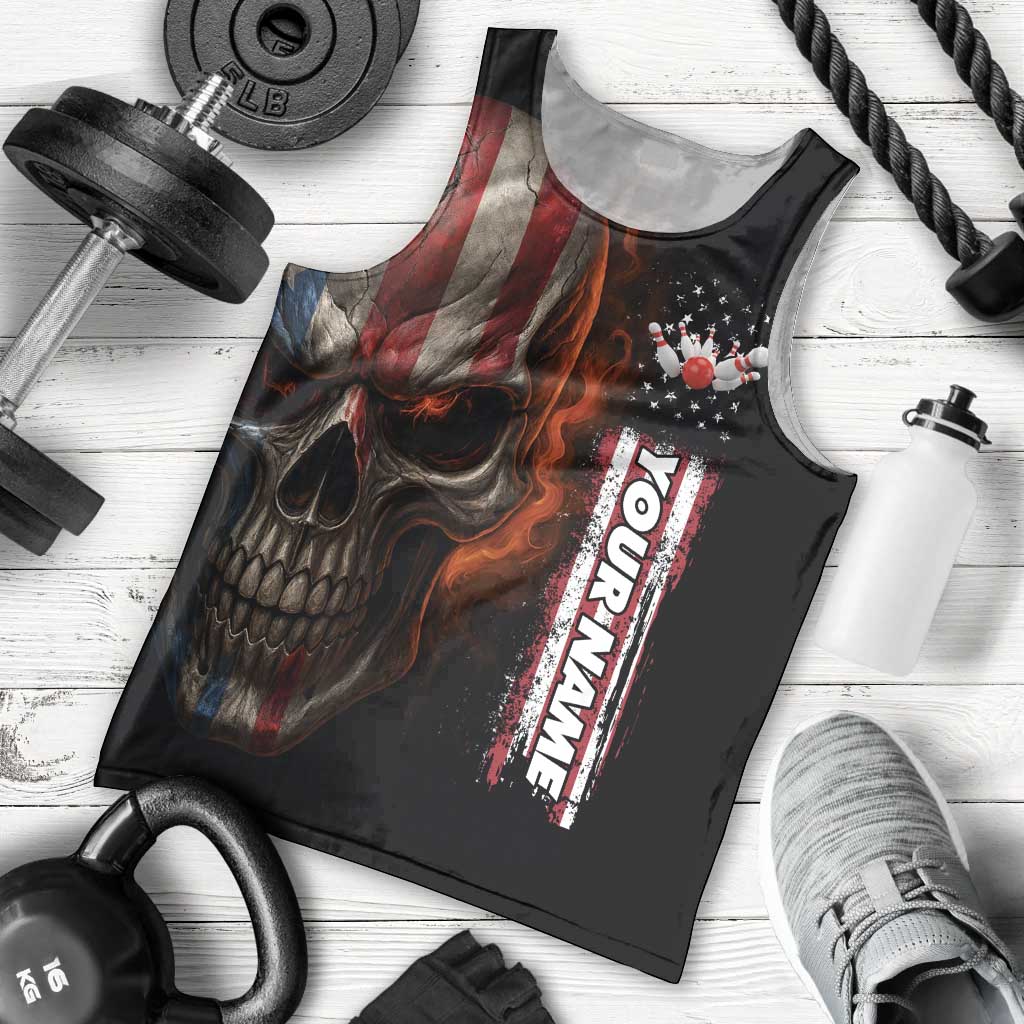 Custom American Flag Skull Men Tank Top with Bowling Pins Flame Effect and Grunge Pattern - Wonder Print Shop