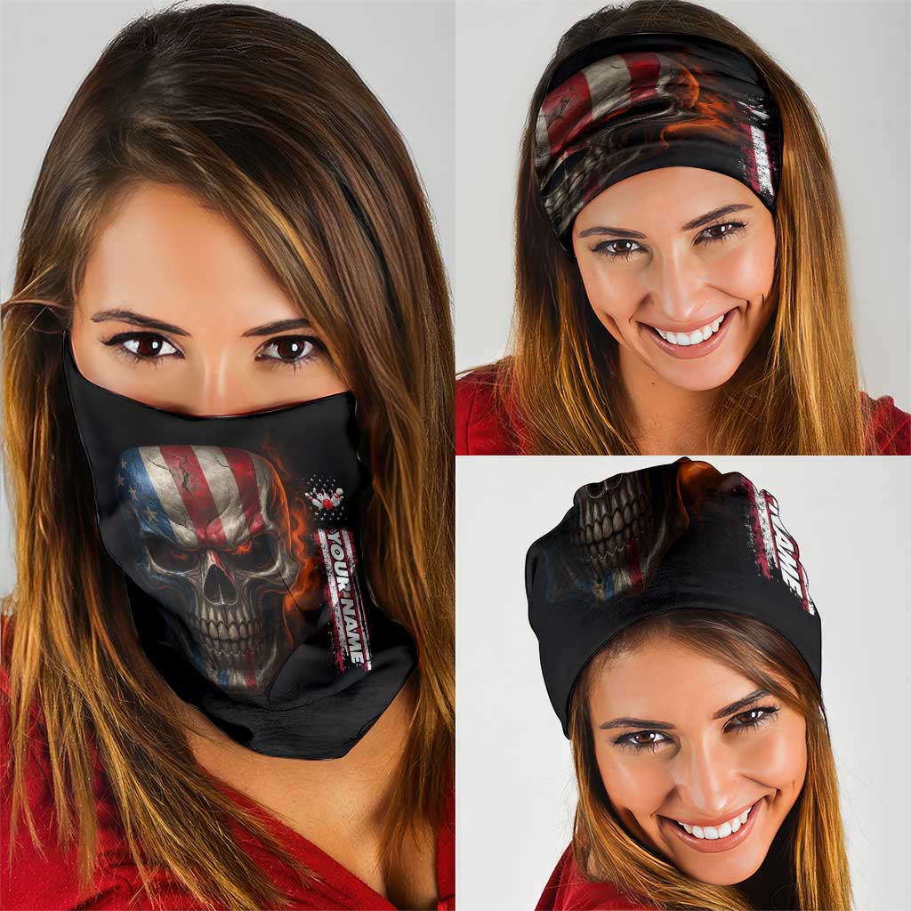 Custom American Flag Skull Neck Gaiter with Bowling Pins Flame Effect and Grunge Pattern - Wonder Print Shop
