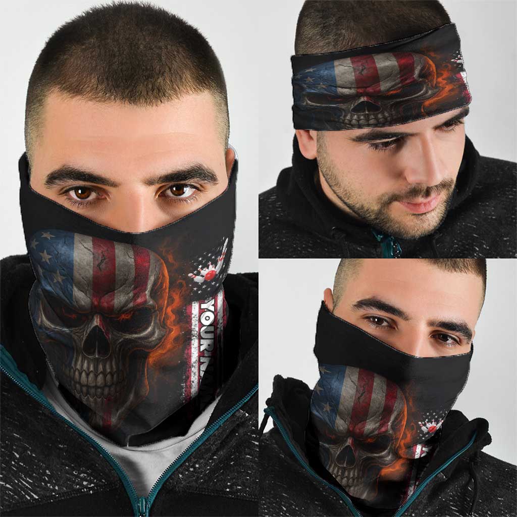 Custom American Flag Skull Neck Gaiter with Bowling Pins Flame Effect and Grunge Pattern - Wonder Print Shop