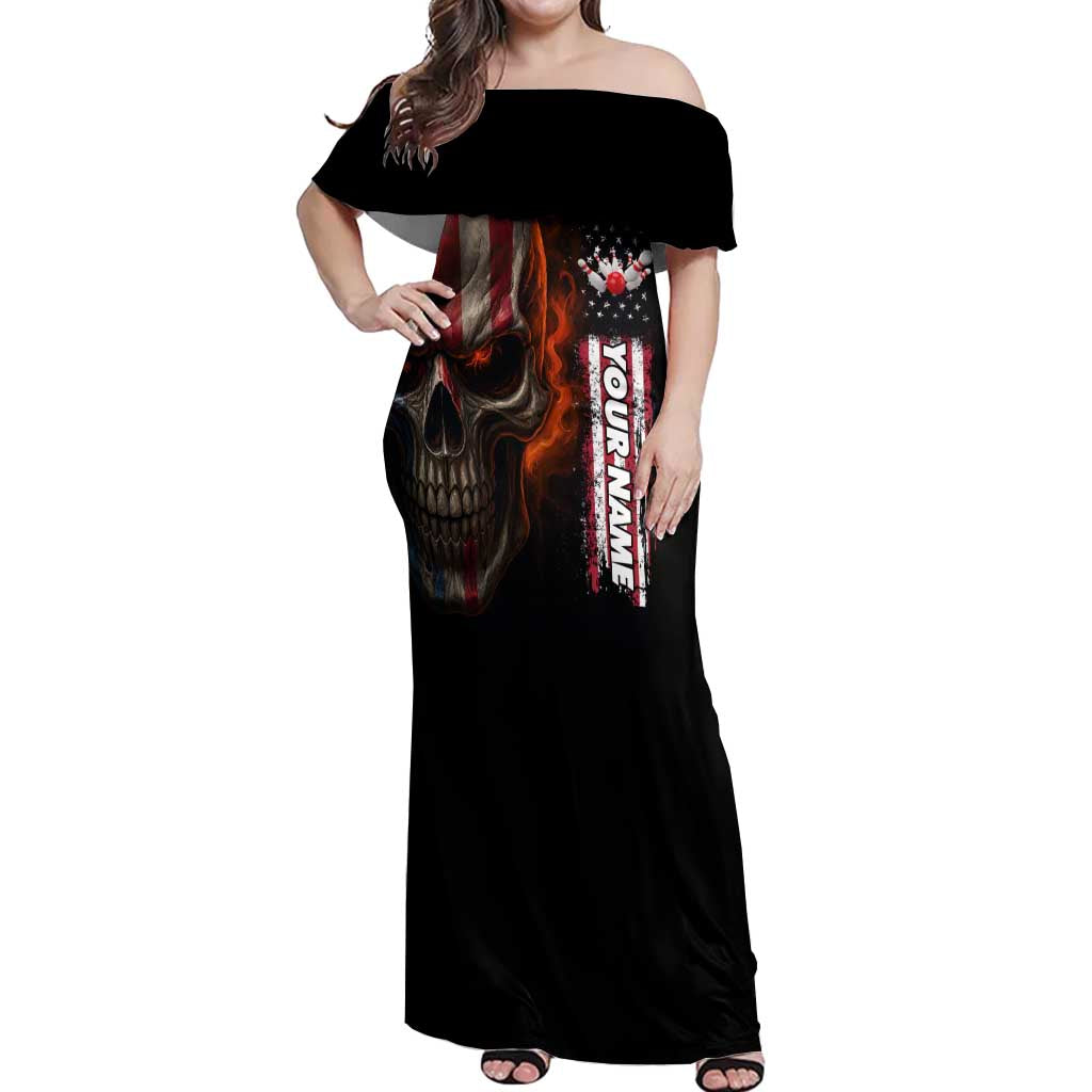 Custom American Flag Skull Off Shoulder Maxi Dress with Bowling Pins Flame Effect and Grunge Pattern - Wonder Print Shop
