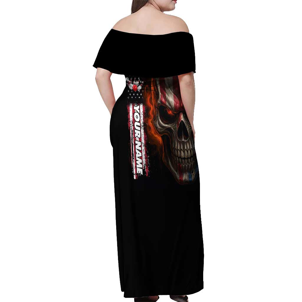 Custom American Flag Skull Off Shoulder Maxi Dress with Bowling Pins Flame Effect and Grunge Pattern - Wonder Print Shop