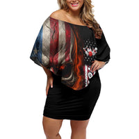 Custom American Flag Skull Off Shoulder Short Dress with Bowling Pins Flame Effect and Grunge Pattern - Wonder Print Shop